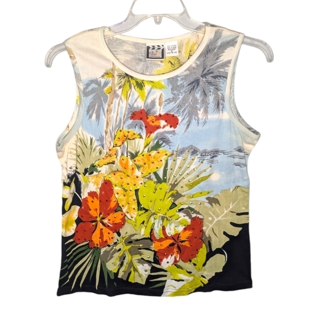 Vintage Take Two Floral Tropical Palm Oasis Oceanside paradise tank top Woman XL